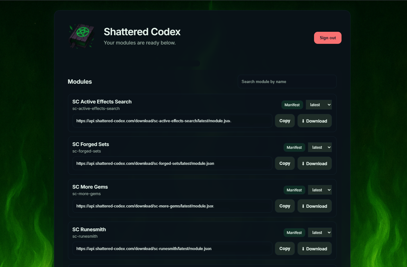 Shattered Codex Download Hub with premium modules listed