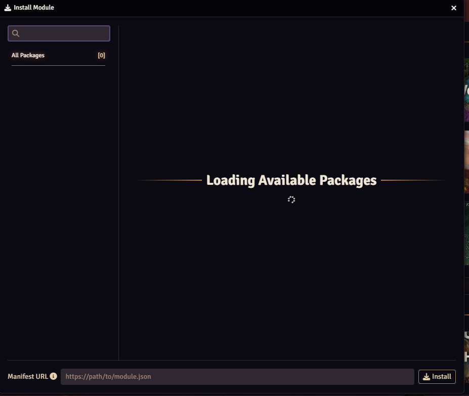 Foundry VTT install module dialog with manifest field