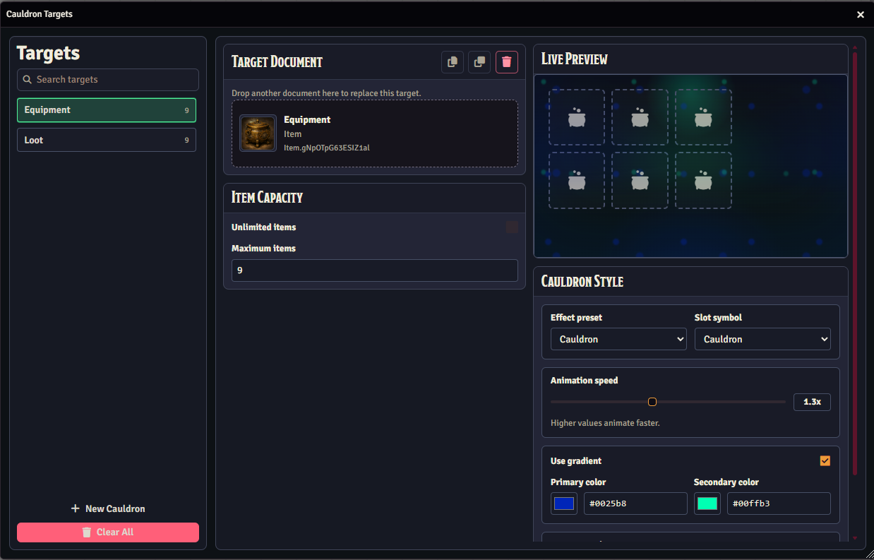 Cauldron Targets configuration window